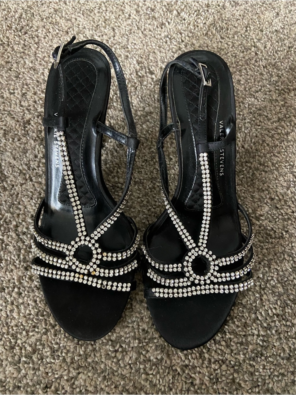 Valerie Stevens Black Crystal T-Strap Dress Sandals